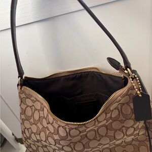 Coach Brown Signature Canvas Hobo Shoulder Bag with Gold Hardware
